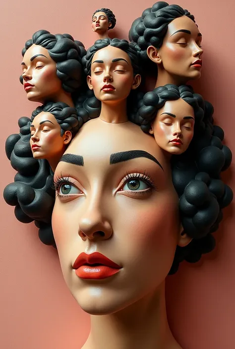 Expressionist artwork images of multiple floating ceramic heads of brown women, 3d collage style, make it weird and gallery worthy