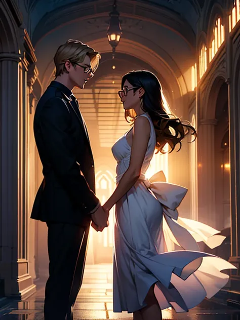 Romance book cover, with the name Flow of time silhouette of a young adult couple Tall blond boy, wears glasses girl has long black hair and she wears glasses Background with universe depicting time