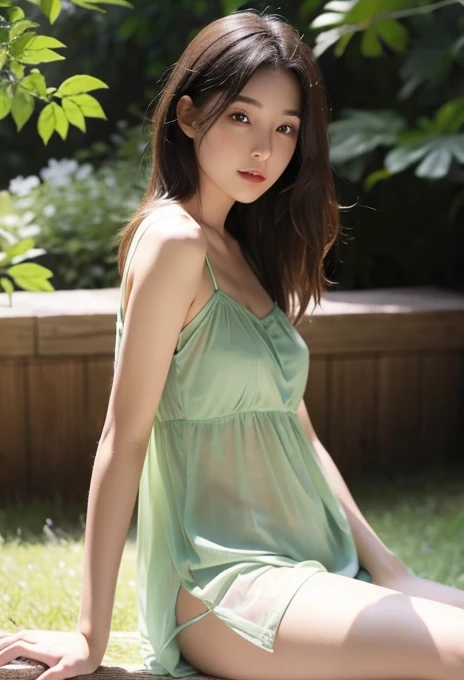 see-through summer dress、no underwear、woman sitting with legs wide open