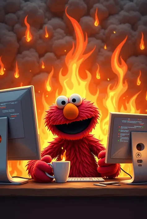 (masterpiece, Best Quality, ilustración 2d, 2d, the best of art station),(1 elmo muppet, muppet, elmo, red fur:1.1), sitting behind a desk, elmo as a programmer, soft round yellow, Computer screen with many errors., mac pro computer, (everything is on fire...