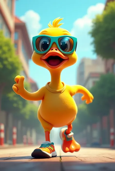 I want an animated duck with running shoes and running sunglasses