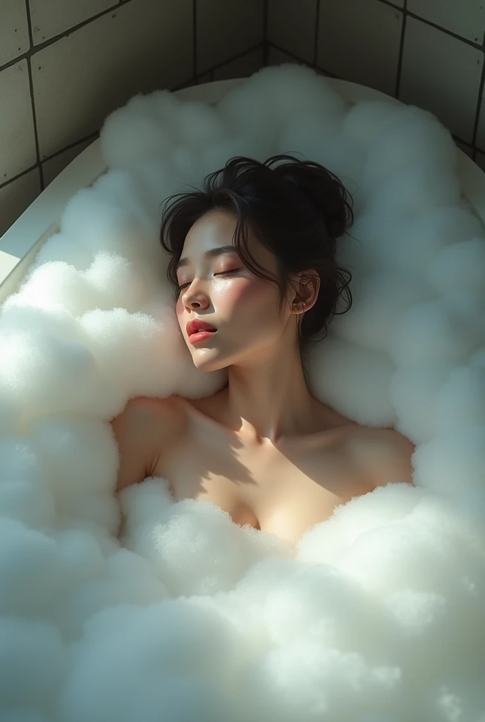 Woman submerged in bathtub with foam