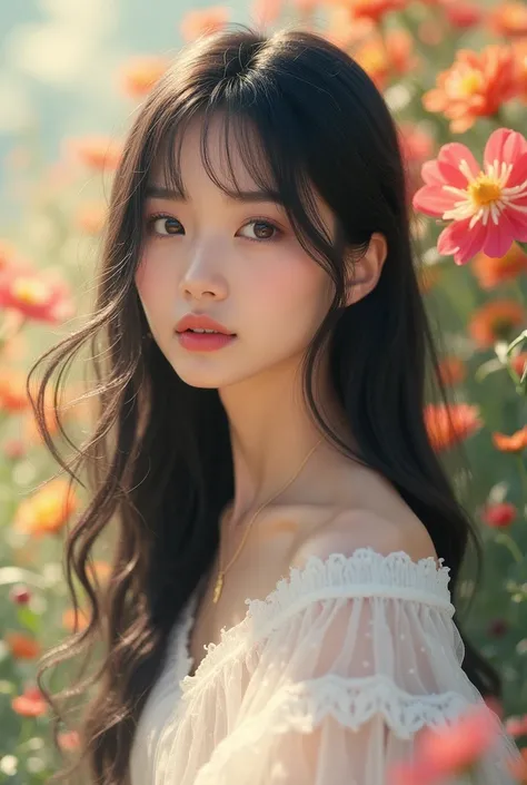 Asian Woman、Japanese women、Korean women、Beautiful girl with long black hair and bangs、summer、White clothes、A fun display、High resolution、Beautiful