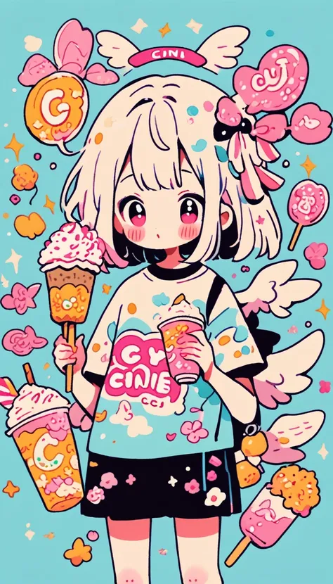 masterpiece, 8k, 4k, anime girl with angel wings holding a candy in her hand, decoration inspired illustrations, dreamy psychedelic anime, inspired by Hikari Shimoda, Ice Cream, eating ice cream, by Hikari Shimoda, anime aesthetic, Eating Ice Cream, cute a...