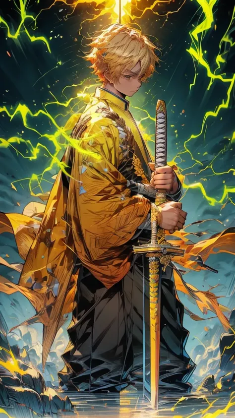 Zenitsu Agatsuma, a character from the Demon Slayer series, poised to draw his katana, a look of intense concentration in his eyes, gazing forward with nervous anticipation, slightly leaning forward, dressed in vibrant electric yellow attire, the atmospher...