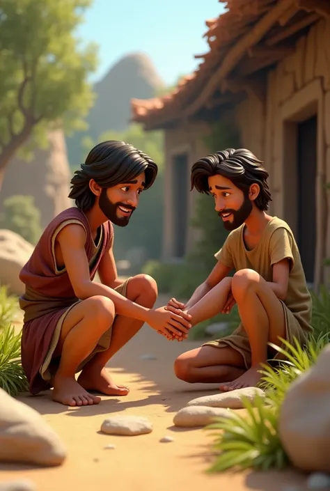 A 3D image in Disney-Pixar style of Jesus  as a  teenager playing one of his friends broke his ankle and jesus went to help him