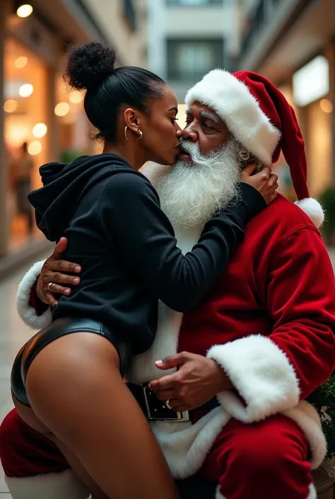 black woman hair in a bun black hoodie black leather short shorts excited and eyes wide open on her face setting in santa claus lap at the mall 8k santa holding her up against him french kissing her and holding her butt cheeks