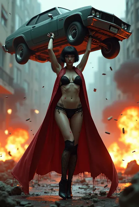 Sexy girl lingerie short black hair blue eyes big boobs bib butts muscled stockings boots undead vampire lifts a car with super strength above her head smiling with fangs her whole body is full of bullet holes that are crushed against her impenetrable stee...