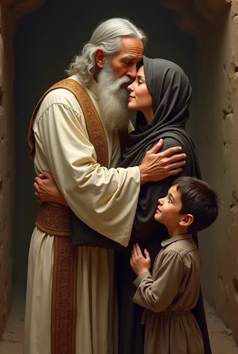  An islamic priest kissing an wife and a Boy