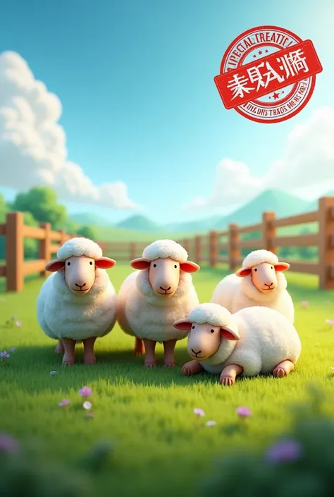 Background: A green and well-kept field, with a wooden fence in the background. The sky is clear, with some white clouds and the sun shining.

Sheep: A group of healthy, well-cared-for sheep are featured in the center of the image.. They have thick, white ...