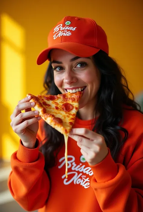 "A studio photo of a woman with Brazilian features wearing a pullover with a small logo that reads Brisas do Norte and a matching cap with the same name. She is holding a slice of pizza with melted cheese stringing out as she takes a bite. The scene is bri...