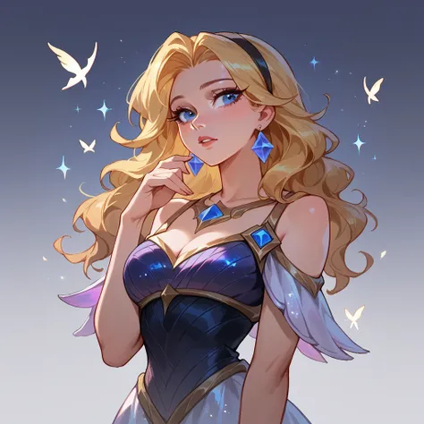 score_9, score_8_up, score_7_up, lux (league of legends), 1girl, blue eyes, sexy, full body, squinty eyes, earrings, wavy yellow hair, black headband, long eyelashes, glitter dress, big bust