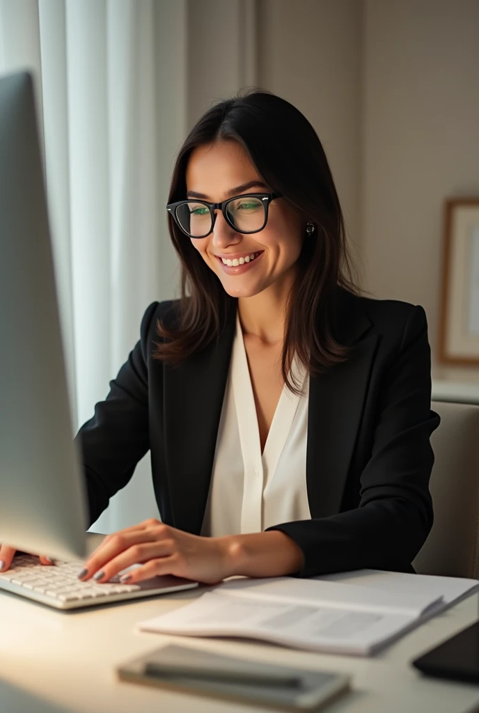 Creating the image of a Brazilian woman with glasses, white blouse and black blazer, analyzing in front of a computer shopping online and smiling