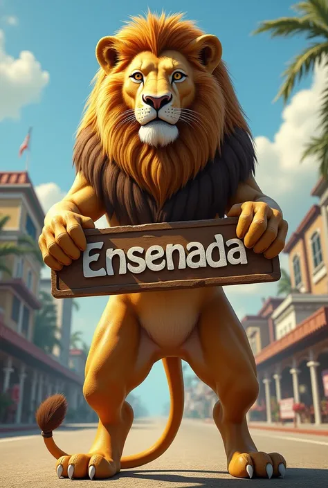 A realistic lion standing on its paws holding a sign that says "ensenada"