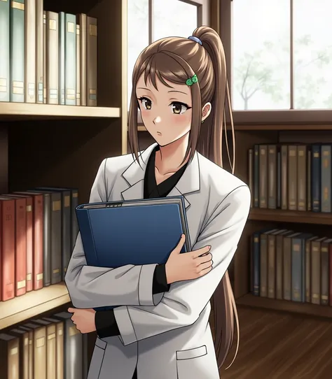 anime character holding a folder in a library with books with a lab coat, 1girl, solo, long hair, blush, brown hair, shirt, long sleeves, holding, brown eyes, closed mouth, ponytail, indoors, book, black shirt, window, labcoat, white coat, bookshelf, hair ...