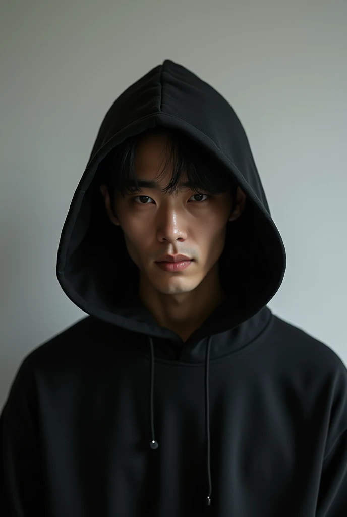 Japanese man wearing a pure black hooded sweatshirt