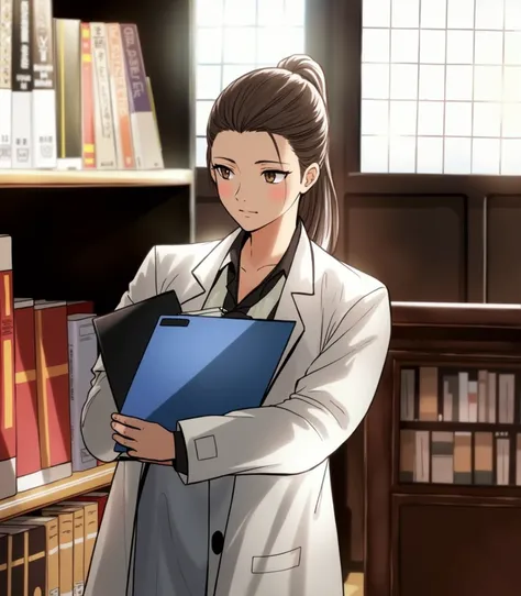 anime character holding a folder in a library with books with a lab coat, 1girl, solo, long hair, blush, brown hair, shirt, long sleeves, holding, brown eyes, closed mouth, ponytail, indoors, book, black shirt, window, labcoat, white coat, bookshelf, hair ...