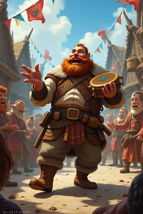 Create a Norse dwarf bard with a tambourine and drums partying in your hut village 
