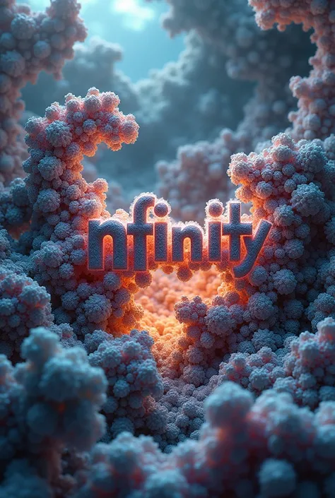 A highly detailed fractal art depicting the word "INFINITY" in an abstract, surreal style, with intricate patterns and organic shapes, vibrant colors, and a sense of depth and infinity, masterfully rendered with photorealistic quality, 8k resolution, and e...