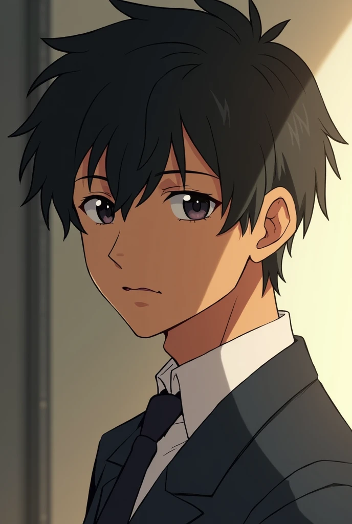 Image of the character Sosuke Shima from the anime Skip an Loafer if he had dark skin 