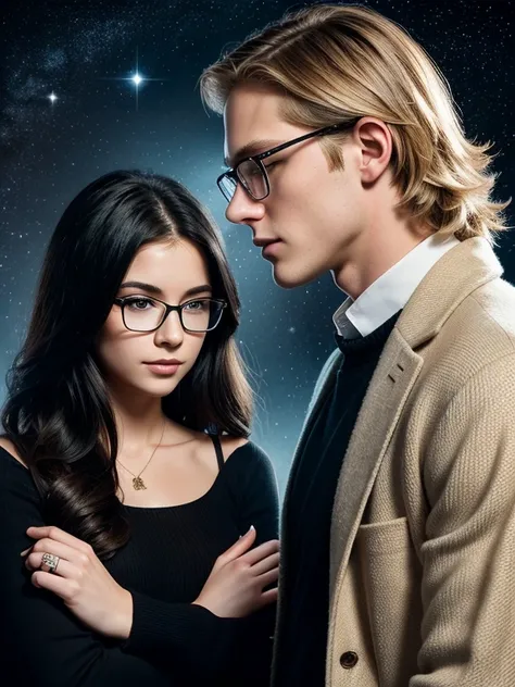 Romance book cover, with the name Flow of time silhouette of a young adult couple Tall blond boy, wears glasses girl has long black hair and she wears glasses Background with universe depicting time