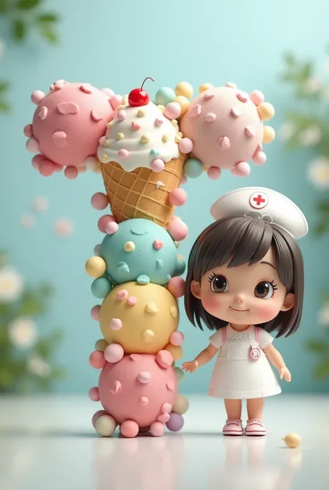 Letter T on a multi-colored ice cream cone, no pink, with a cute doll wearing a nurse&#39;s hat, with a natural hospital background.