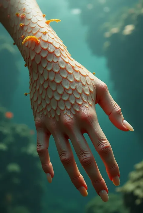 Females hand is slightly streched and scales grow instead of skin. Color does not change. Hand is formed for swimming and long, rounded up fingernails. 