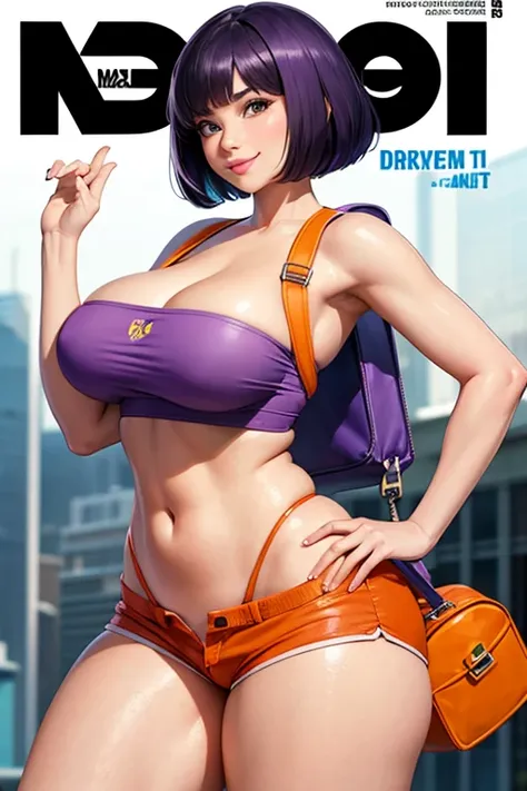 magazine cover, dora, sexy pose, big breasts, curvy, smile, bob haircut, purple crop top, orange mini shorts, purple backpack