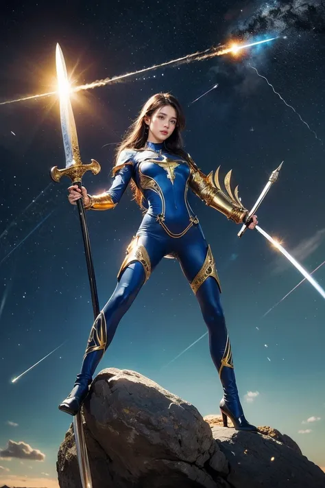 Highest quality, masterpiece, Realistic, High resolution, 8K RAW Photos, 1 person、Long Hair、goddess、Holding a decorated sword、Raise your sword、Glamour、(Blue bodysuit with light motif、Gold Edge)、pendant、Earrings、(Action pose)、(On a rock on a planet where yo...