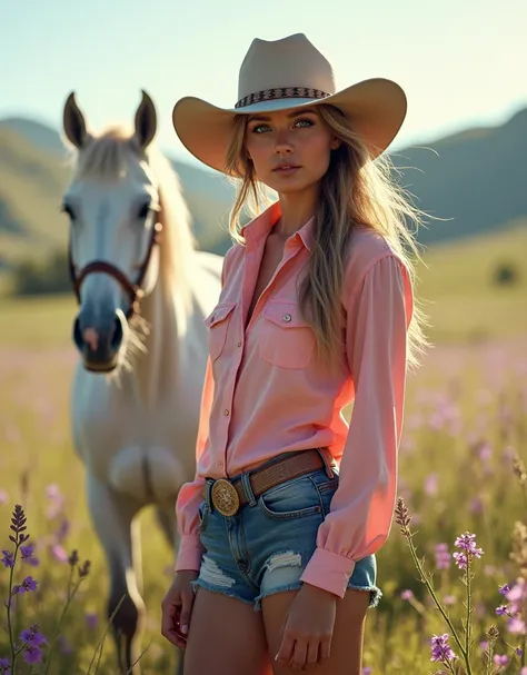 A stunning cowgirl, dressed in a pink shirt and jean shorts, stands in a field of wildflowers, holding the reins of his faithful white horse. The image is rendered in a dreamy and ethereal style, with soft pastel colors and a touch of whimsy. The beauty an...