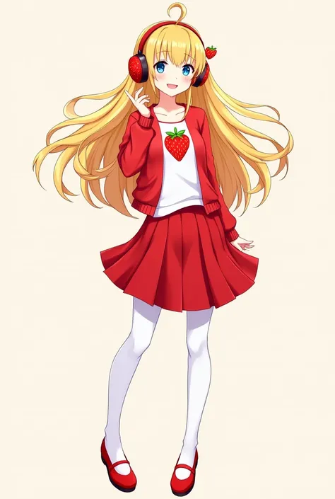 Female character with blonde hair with blue eyes strawberry headphones with leaf strawberry shirt and red skirt with white stockings and red shoes and open red sweater 