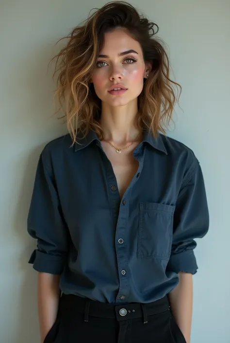  tall and thin white, with medium light brown wavy and curly hair, with brown eyes using eyeliner and big mouth with gloss, using blush and highlighter, with a dark blue shirt, and black cargo pants