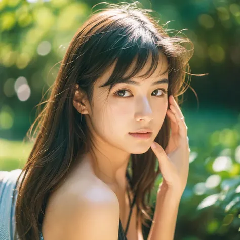 a hyper-realistic close-up image of a single japanese woman in her early 20s, captured with the nostalgic warmth and subtle grai...