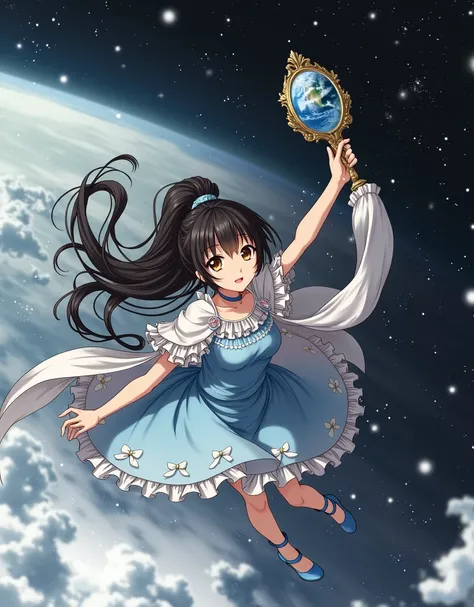 anime girl in a blue dress holding a mirror in her hand floating in space with stars, (ponytail forehead hair pulled back:1.3), (black hair:1.3), 1girl, solo, long hair, open mouth, black hair, dress, bow, holding, bare shoulders, brown eyes, ponytail, hai...