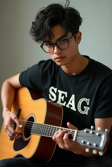 A handsome boy playing acoustic guitar, wearing ring on his middle finger wearing glasses and a black t-shirt and written "SEAG" on guitar, t-shirt and white ring with realistic text