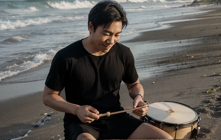 an asian man, wearing a black t-shirt playing the drum set on the beach happily