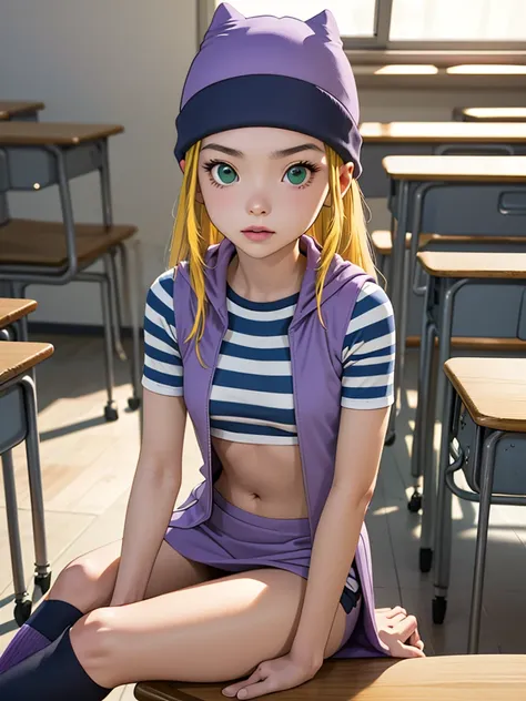 (masterpiece, best quality), 1girl, izumi orimoto, indoors, classroom, seated, green eyes, blonde hair, long hair, purple beanie...