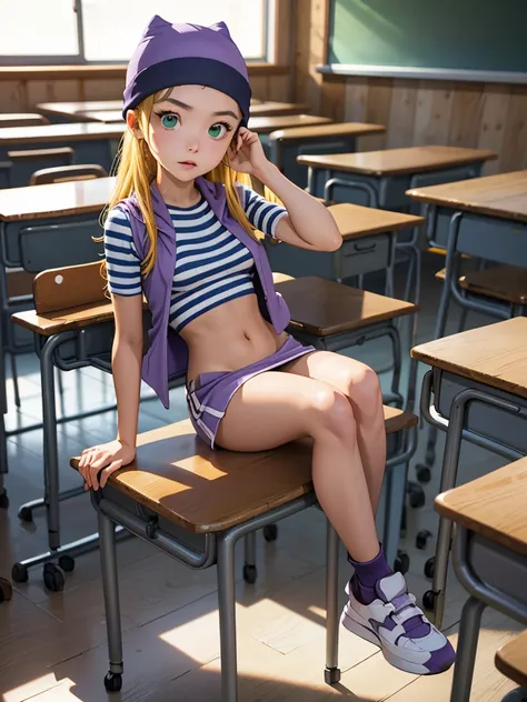 (masterpiece, best quality), 1girl, izumi orimoto, indoors, classroom, seated, green eyes, blonde hair, long hair, purple beanie...