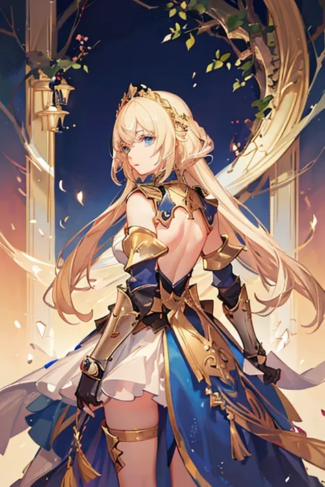 a full-length portrait of a young woman in anime style.., with long, light blonde hair, framed by a white mantle adorned with go...