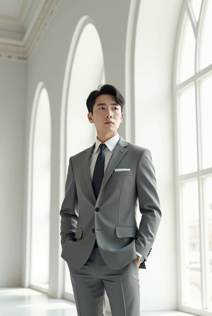 make a realistic image of Korea guy  wearing a grey suit the background is in the  white church

