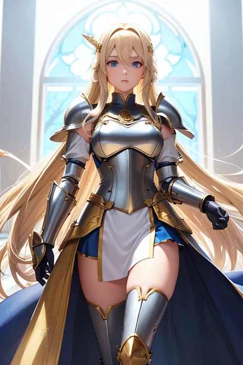 a full-length portrait of a young woman in anime style.., with long, light blonde hair, framed by a white mantle adorned with go...