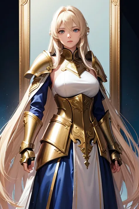 a full-length portrait of a young woman in anime style.., with long, light blonde hair, framed by a white mantle adorned with go...