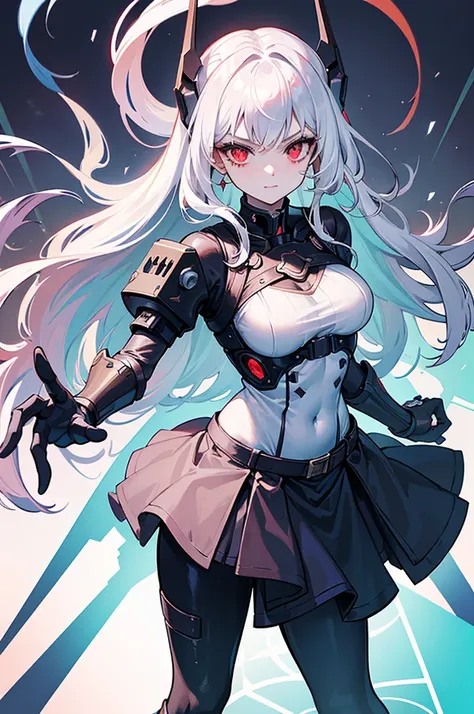 Face_through_torso, A young girl with long, white hair that flows down her back, and piercing red eyes that glint with a mix of cheerfulness and unsettling madness. Her expression is a contrast of a bright, almost innocent smile, paired with a deadly, craz...