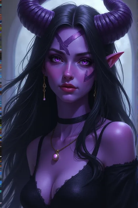 Fazer imagem de uma personagem tiefling feiticeira de d&d, purple skin, with a scar on her face, longye hair, purple eyes and a necklace with a small light pink pearl