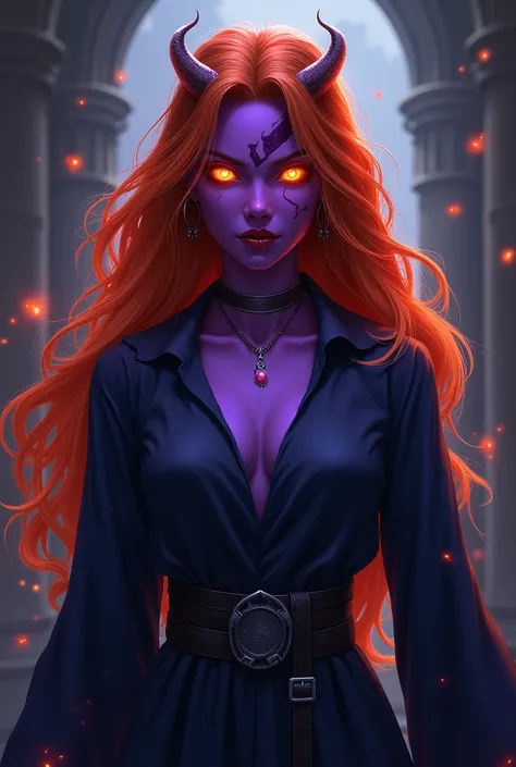 Fazer imagem de uma personagem tiefling feiticeira de d&d, purple skin, with a scar on her face, longye hair, fire colored eyes, infernal aura and frightening appearance with a silver necklace with a small pink pearl, a dark blue dress with a straight coll...