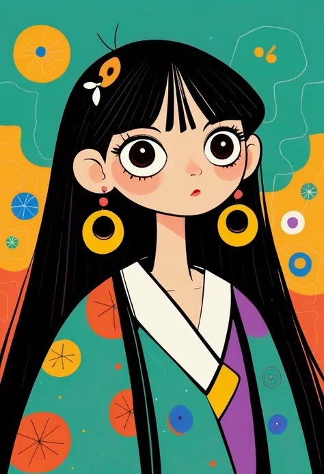 Flat Wind，Vector，Childish art cartoon，Cartoon girl with long black hair and big earrings,big eyes，Cute expression，Bangs，Minimalism， White collar，Lovely art style, rich and colorful! Digital illustration style, The art of math. rich and colorful comic, Hand...