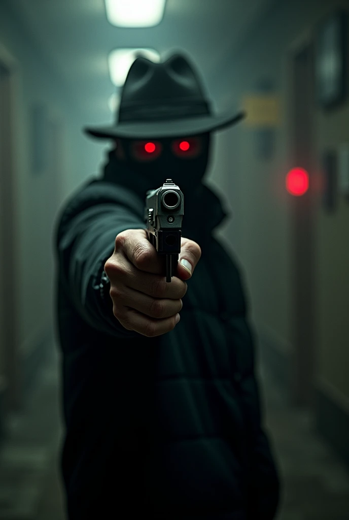 A man holding a gun pointing at a camera, wearing a hat, a mask and glasses.