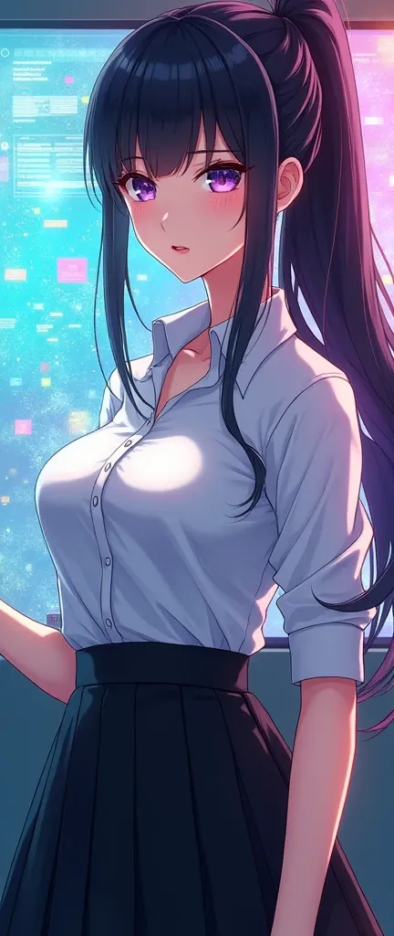 Upper body with concentration, 1 girl, Akeno Himejima, white shirt, black skirt, Big Bust, Sparkling purple eyes, (((academic background))), Colorful Beautiful Girl: long black hair in a ponytail, Perfect face with soft skin and nice perfect face, intricat...