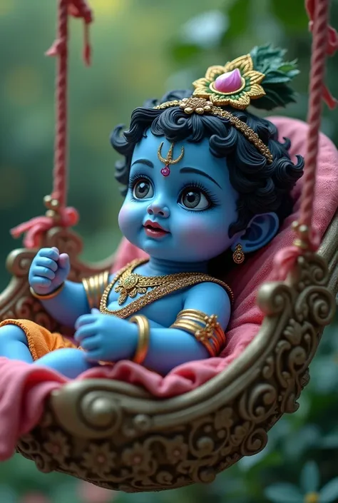 baby Krishna, in a swing, blue colour, zoom 