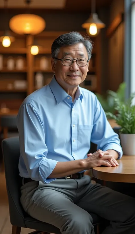 Korean Bill Gates in a light blue shirt / white and jeans sitting at a restaurant table looking forward 